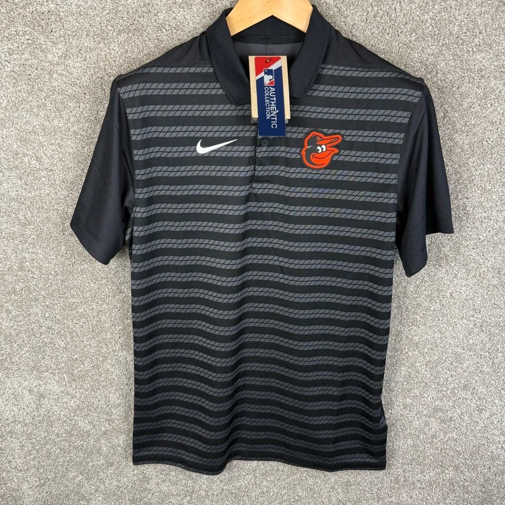 Nike MLB Baltimore Orioles Dri-FIT‎ Polo Shirt Men's Small Black Gray Stripe NEW